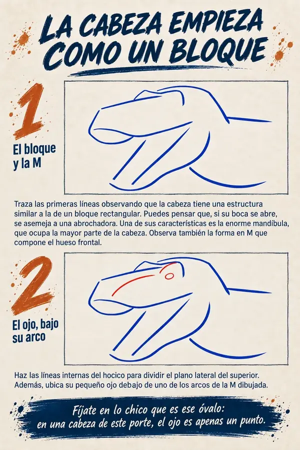 Las páginas del libro, pasos 1 y 2: la cabeza del tiranosaurio empieza como un bloque, y el ojo va bajo su arco