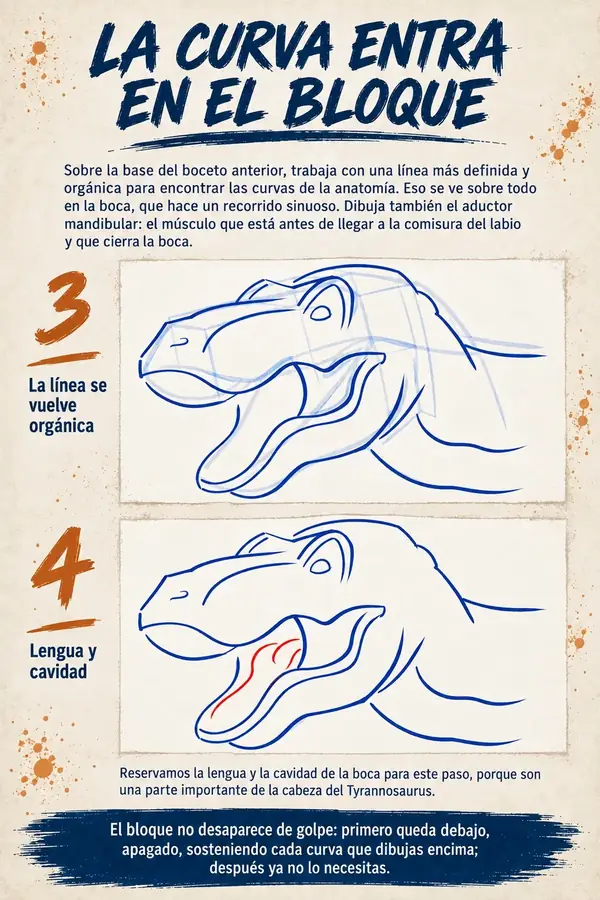 Las páginas del libro, pasos 3 y 4: la curva entra en el bloque, con la lengua y la cavidad de la boca